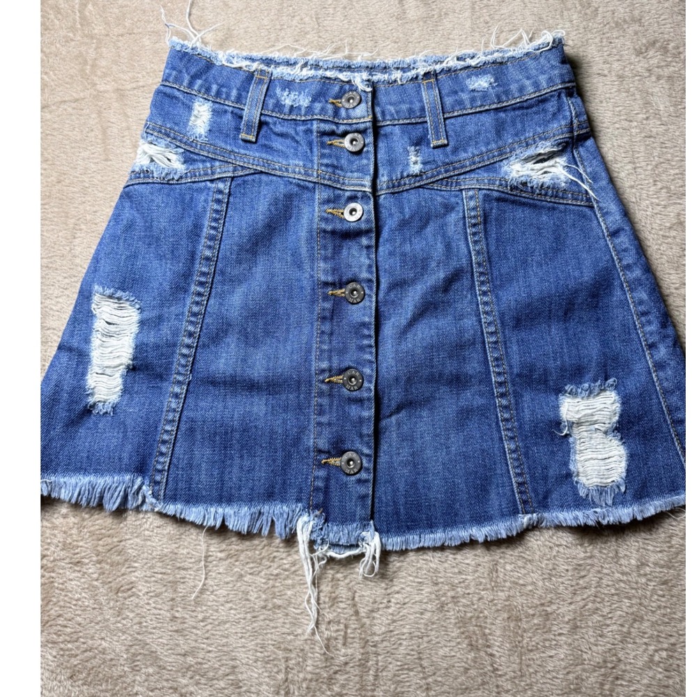 Carmar Denim Mini Skirt Distressed Button Front Raw Hem Size 25 Festival Summer